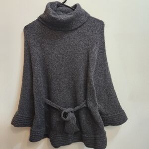 Qi 100% Cashmere Gray Funnel Neck Belted Poncho Size M/L